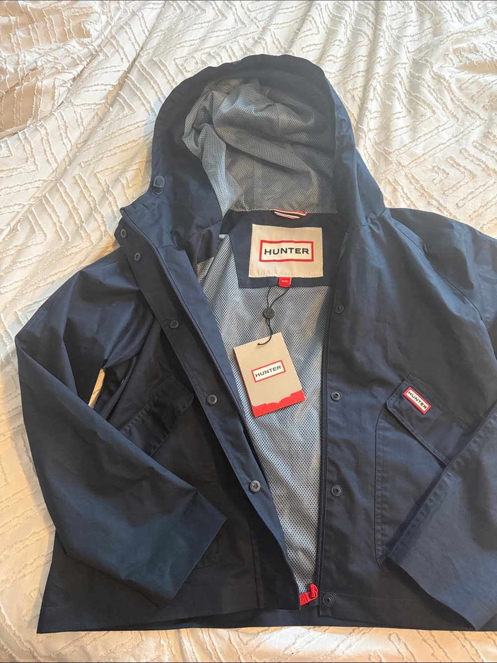 Hunter Julia Navy Hooded Cropped Raincoat with Mesh Lining